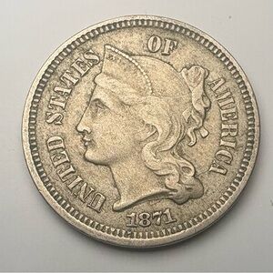 1871 Liberty Head Three-Cent Nickel Coin